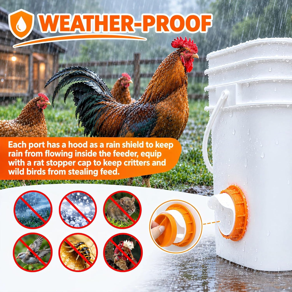 12 Chicken Feeder Ports,DIY Poultry Feeder Cups with Lid & Drill Bit,Orange