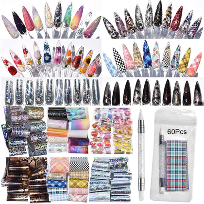 Nail Art Transfer Foils,60 Pieces,Animal Print Dried Flowers Mixed Designs