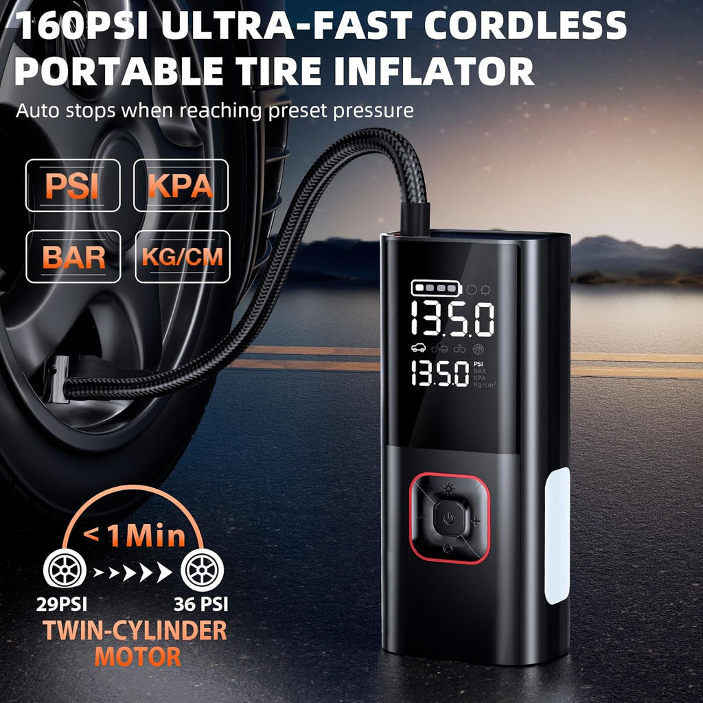 Jump Starter with Air Compressor, 5000A Battery Jumper Starter Portable (9L Gas/8L Diesel) with 160PSI Auto-Shutoff