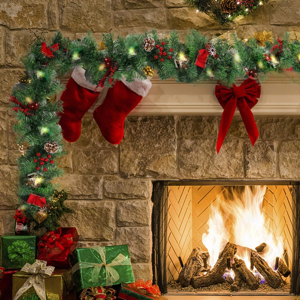 9 FT LED Christmas Garland with Pinecones Red Berries Bows Christmas Balls Candies, Multi-Function Christmas Garland