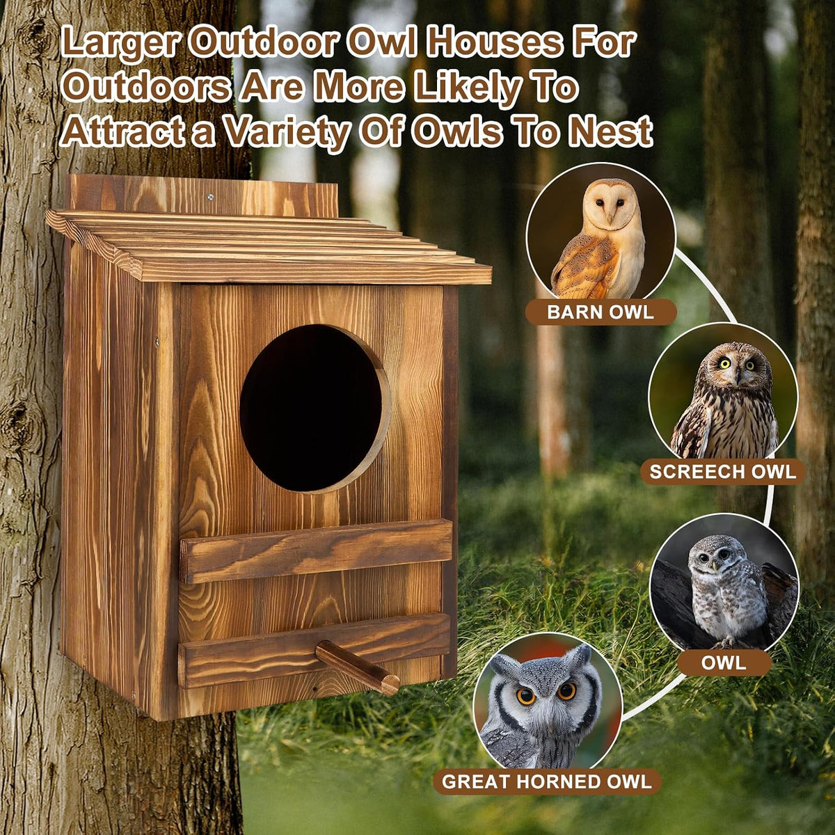 Owl Houses for Outdoors， 16.1x11.8x9.5 inch Large Carbonized Barred Owl Nesting Box, Waterproof & Ventilated Design
