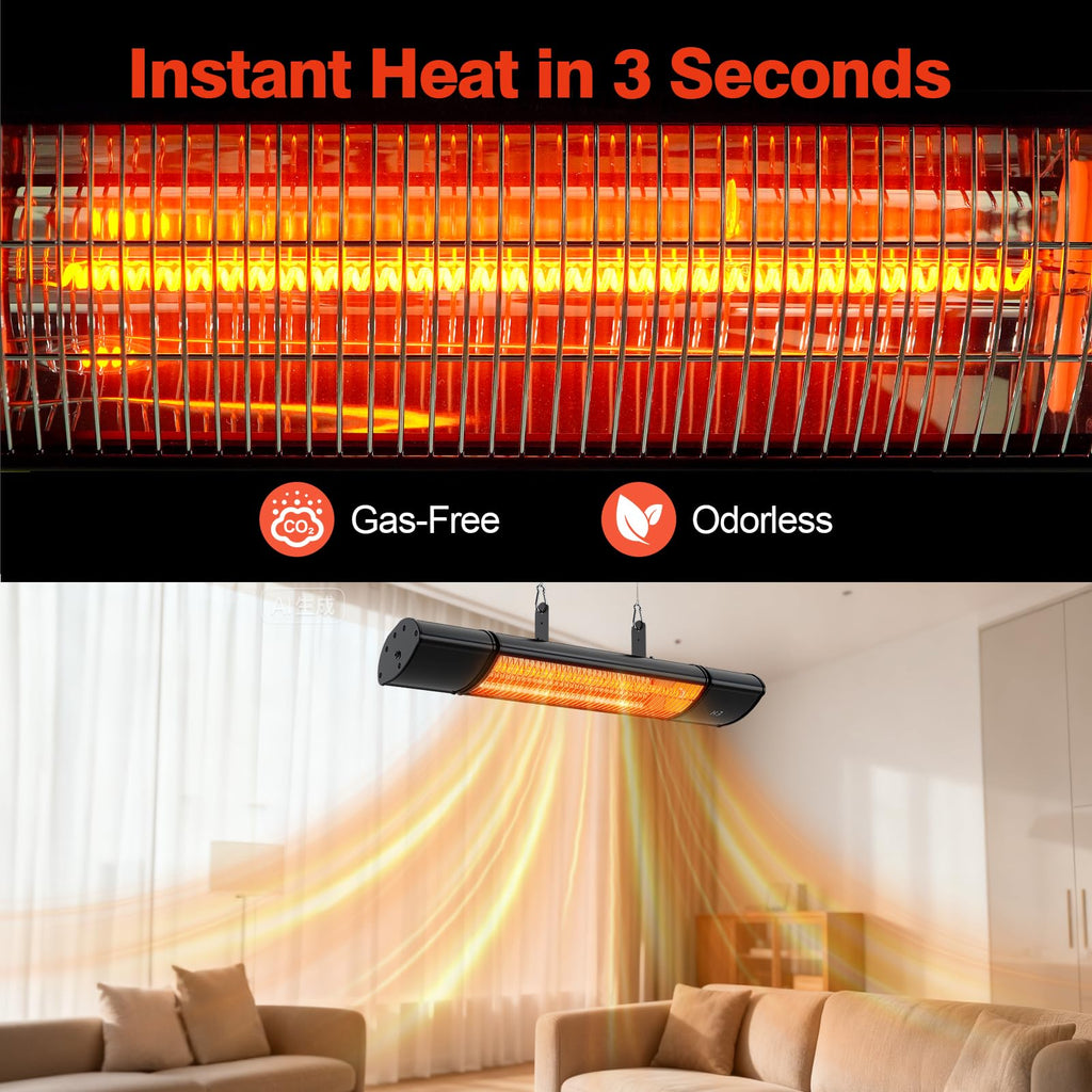 Electric Hanging Patio Heater with remote control, built in Temperature Control, Wall mounted or ceiling mounted