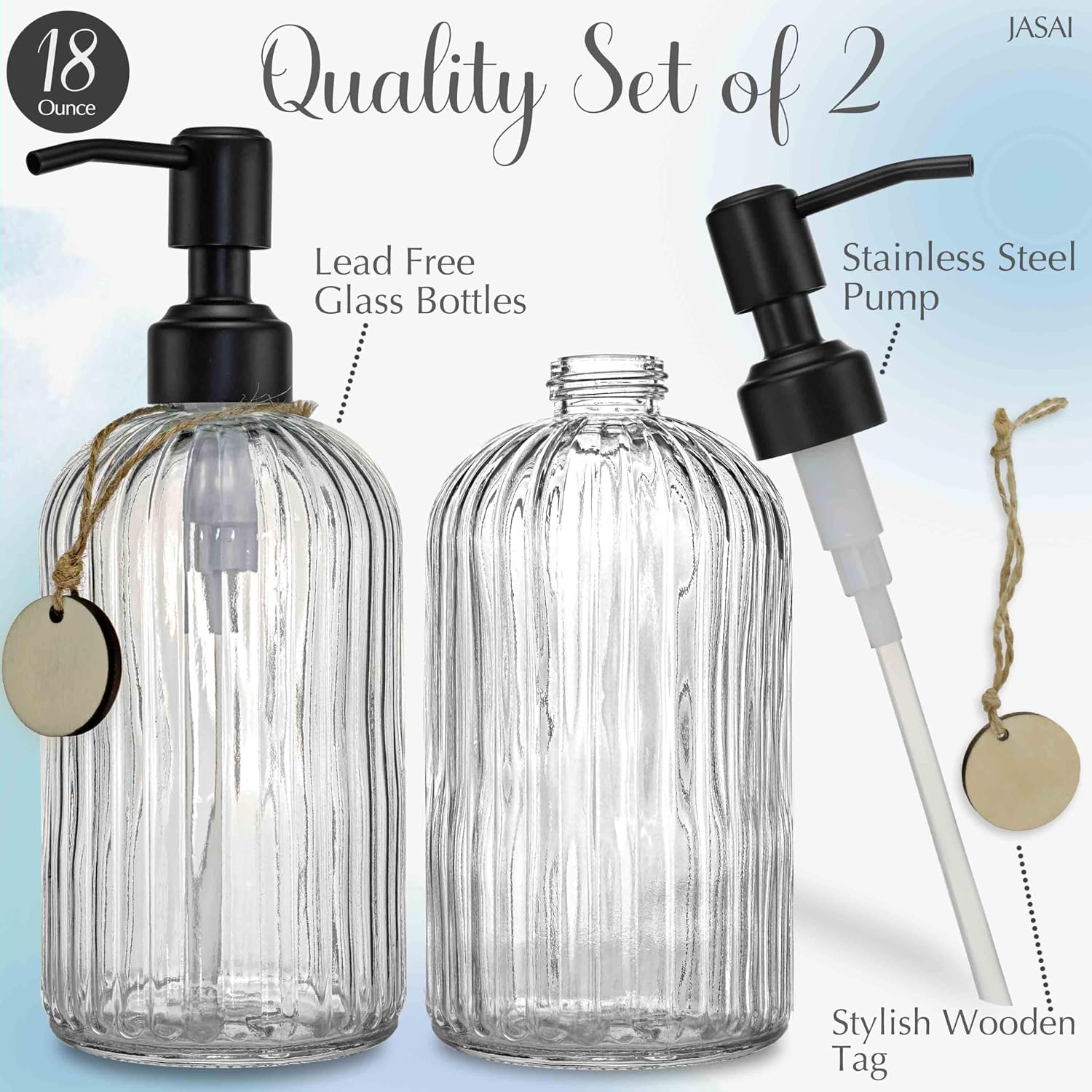 2PACK 18Oz Simple Glass Soap Dispensers with Black Rust Proof Pump | Refillable Kitchen soap Dispenser with Vertical