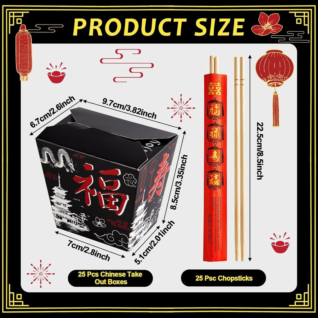 25 Sets Black Chinese Take Out Food Boxes with Chopsticks