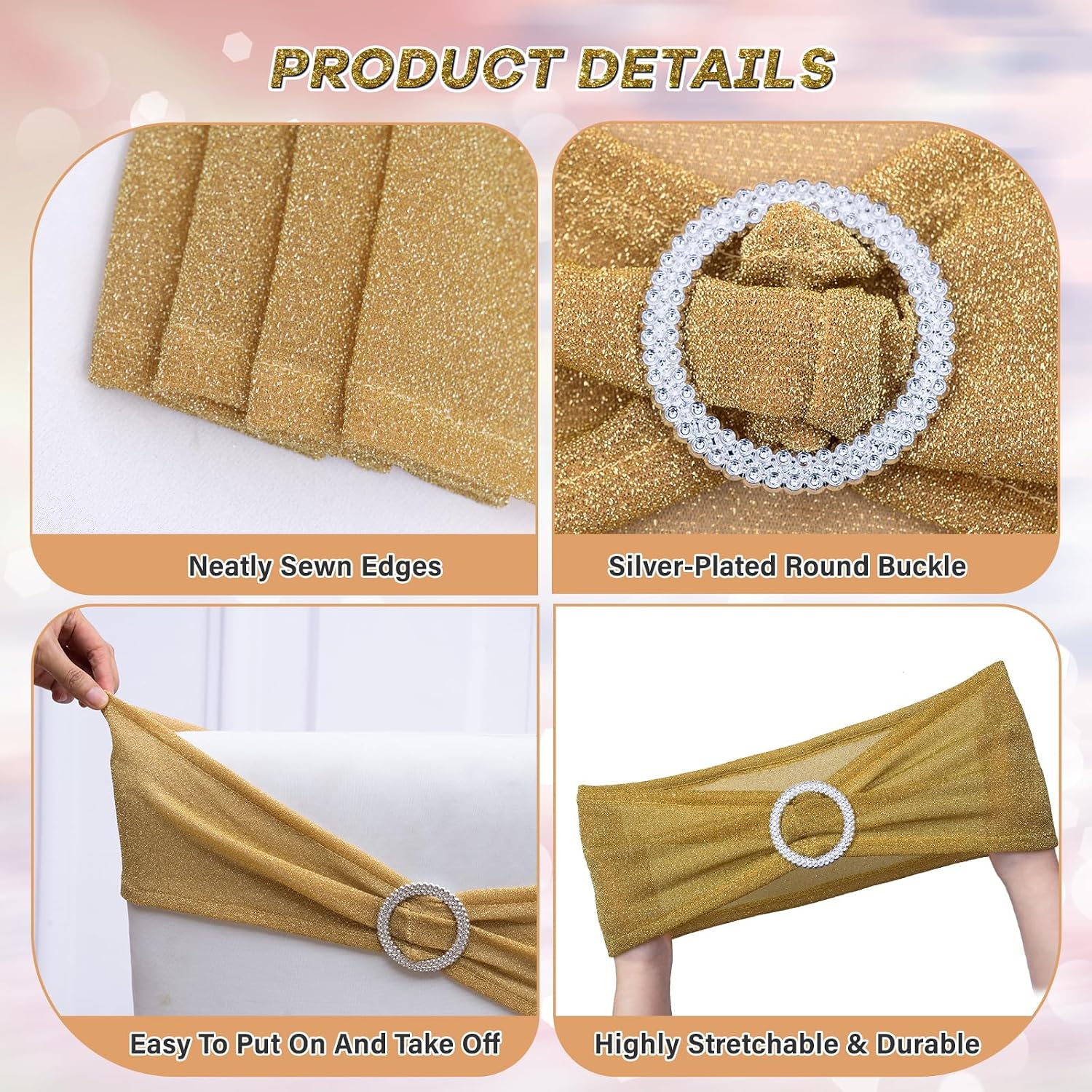 Pack of 10 Gold Chair Sashes Bows with Buckle Slider Universal Elastic Spandex Bands Ties for Banquet Event Decor