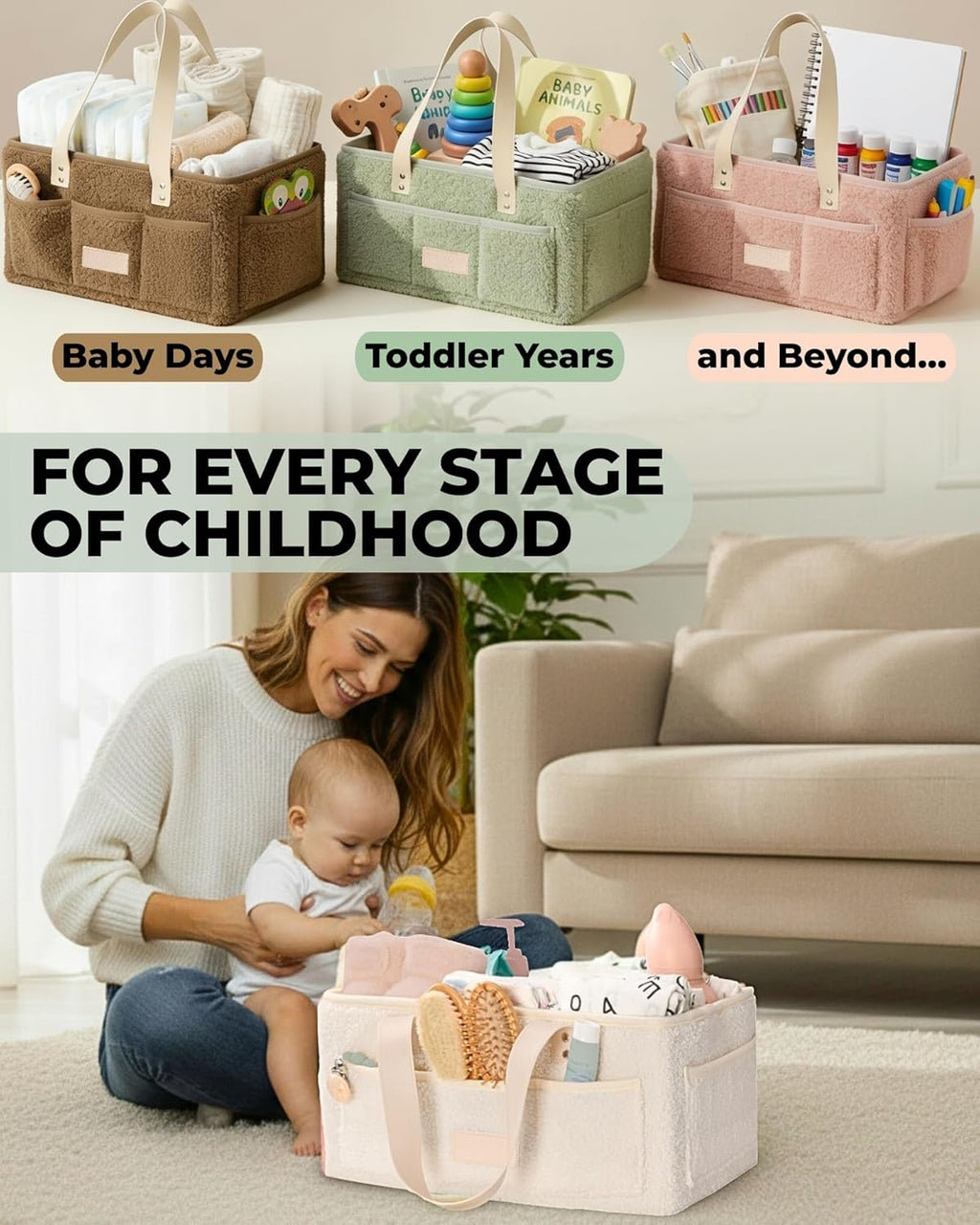 Baby Diaper Caddy Organizer with Portable Changing Mat - Teddy Fleece Diaper Organizer for Changing Table - Basket