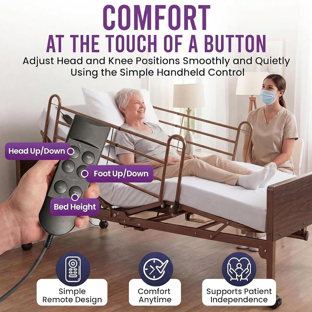 Electric Hospital Bed for Home Use - Includes Foam Mattress, Half Rails - Adjustabe Medical Bed Set