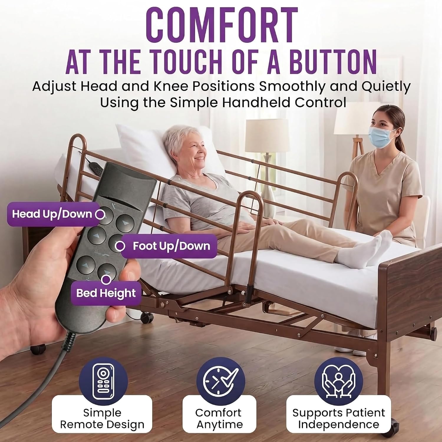 Electric Hospital Bed for Home Use - Includes Foam Mattress, Half Rails - Adjustabe Medical Bed Set
