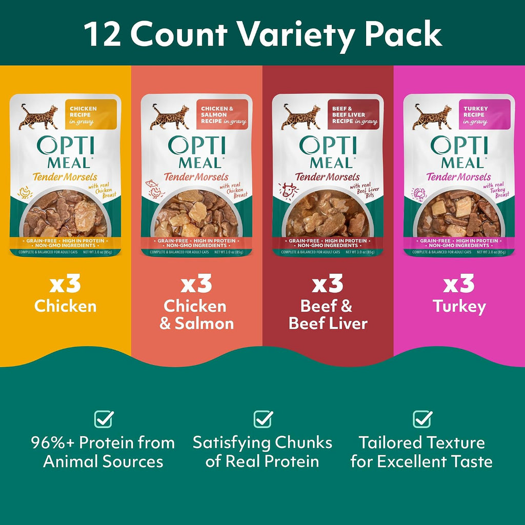 Wet Cat Food, Savory Protein Selection, Grain Free Morsels, 3oz, 12 Pouches