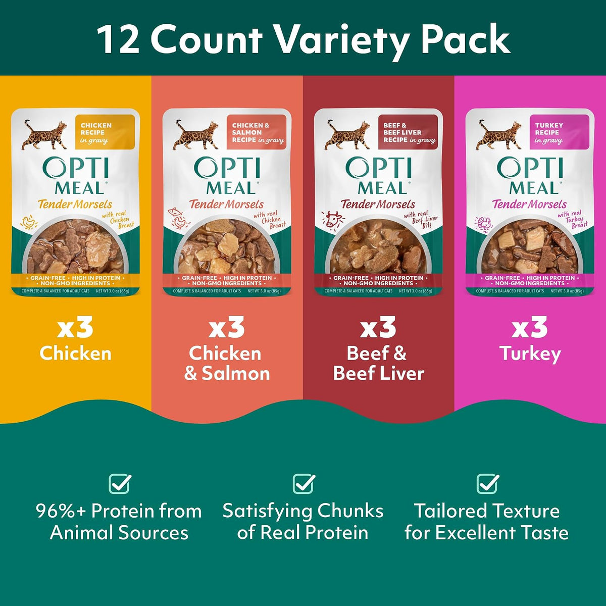 Wet Cat Food, Savory Protein Selection, Grain Free Morsels, 3oz, 12 Pouches
