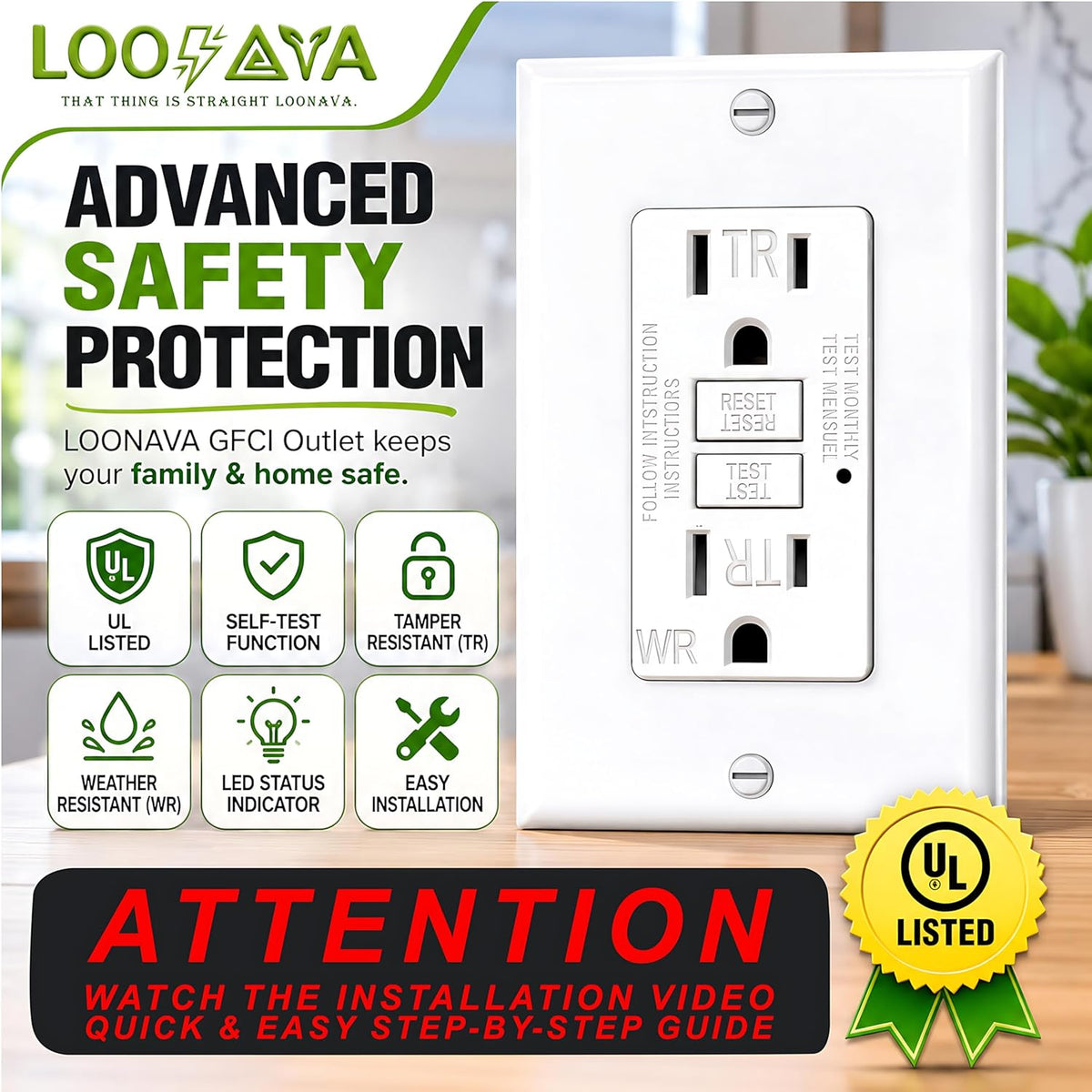 (15 AMP-1 Pack)LOONAVA GFCI Outlet WR White – Tamper Resistant, Weather Resistant GFI Receptacle with Self-Test, LED