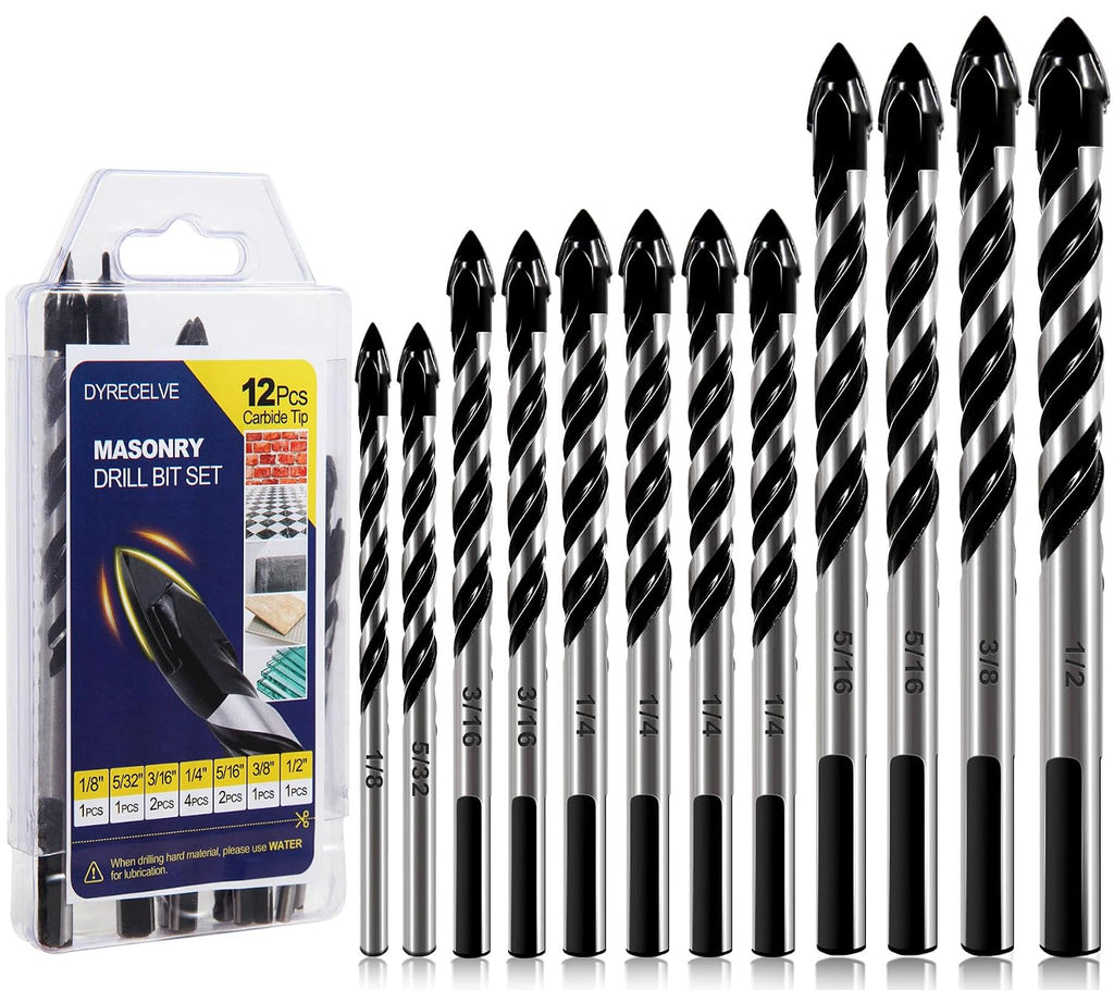 12-Piece Masonry Drill Bit Set and Concrete Drill Bit Set | Carbide Tile Drill Bits and Brick Drill Bit, 7 Sizes 1/8