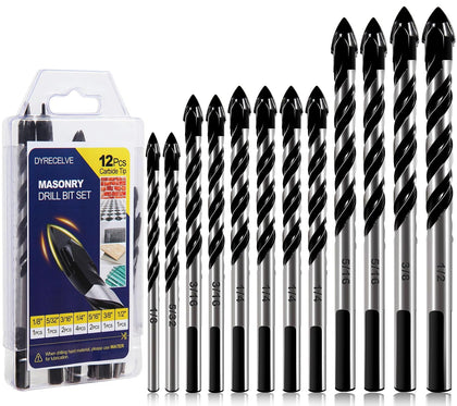 12-Piece Masonry Drill Bit Set and Concrete Drill Bit Set | Carbide Tile Drill Bits and Brick Drill Bit, 7 Sizes 1/8
