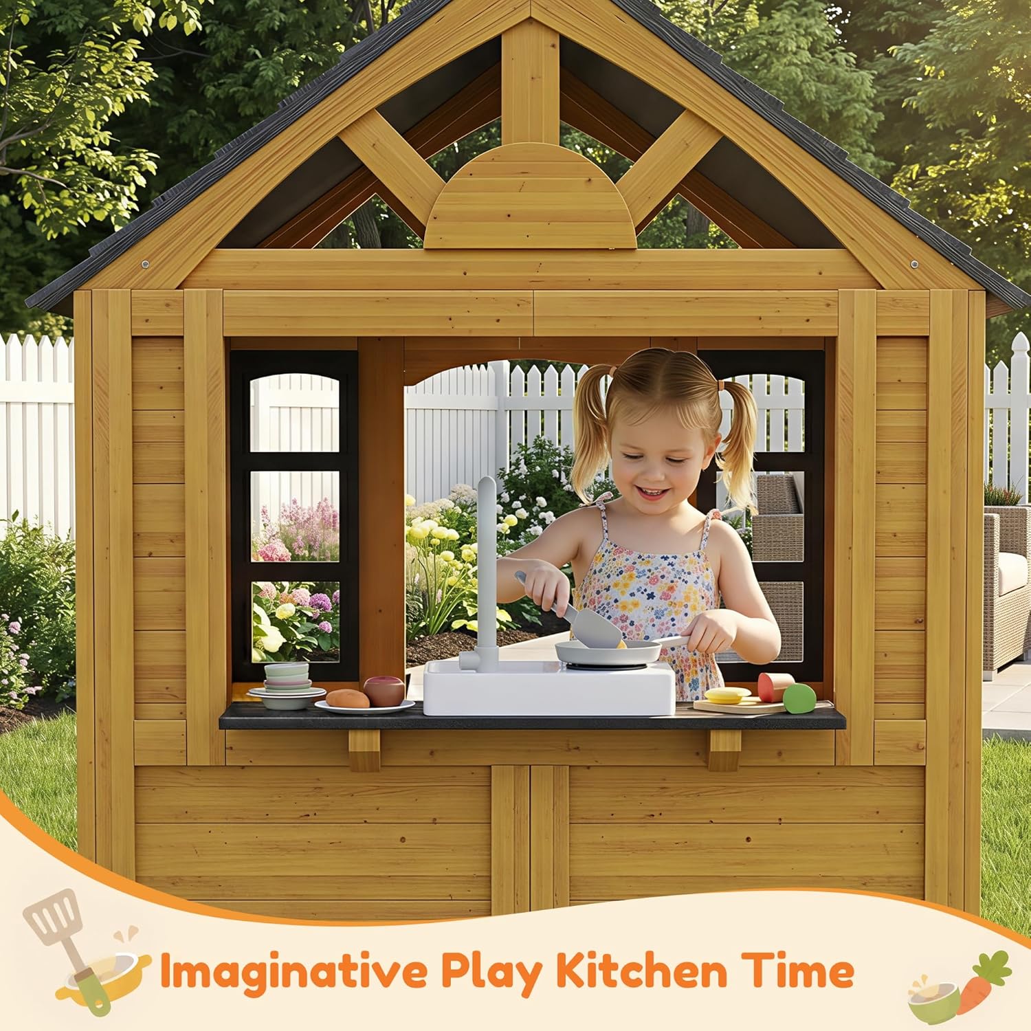 Kids Outdoor Playhouse Wood Play House Pretend PlayGames for Toddlers Ages 3-8 with Play Kitchen,Snack Bar,Pet