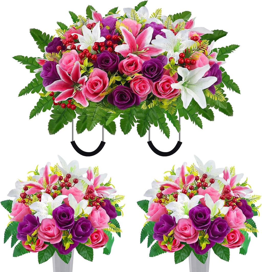 Cemetery Flowers for Grave Headstone Flower Saddle with Silk Rose Lily 3pcs