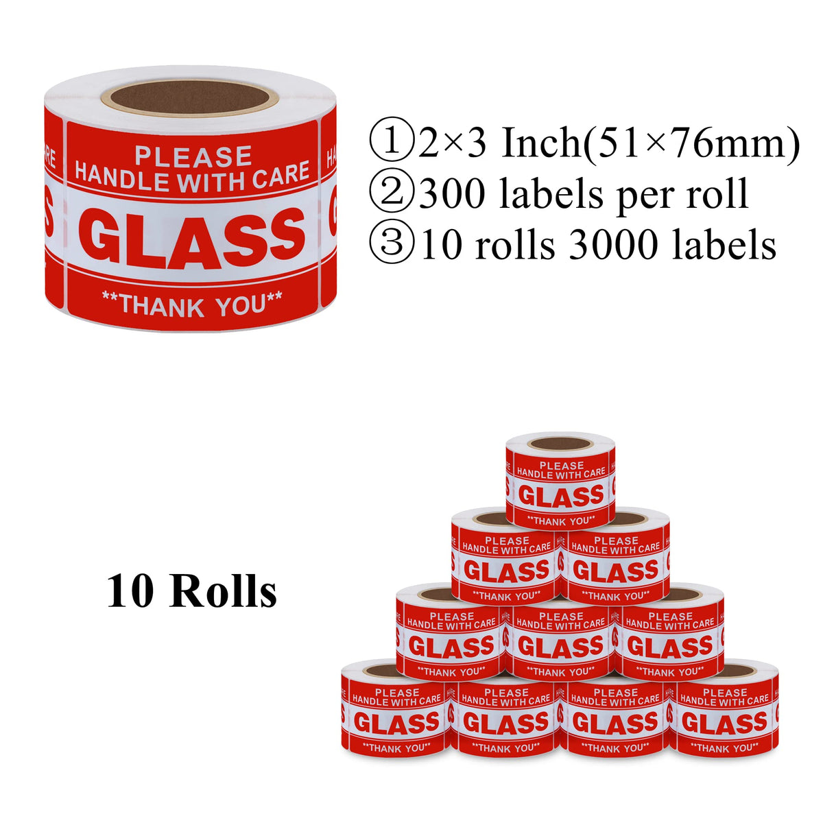 Fragile Glass Stickers 2×3 Inch Shipping Packing Label Please Handle with Care Thank You - 300 Per Roll(10 Rolls)