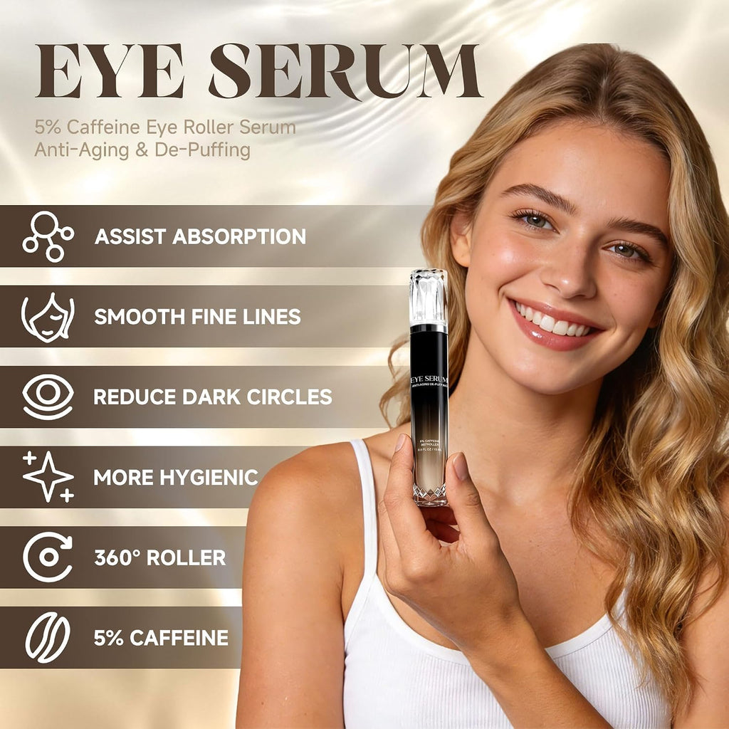 Caffeine Eye Cream with 360° Roller for Puffiness & Dark Circles, 15 mL | Retinol and peptide formula with a cooling
