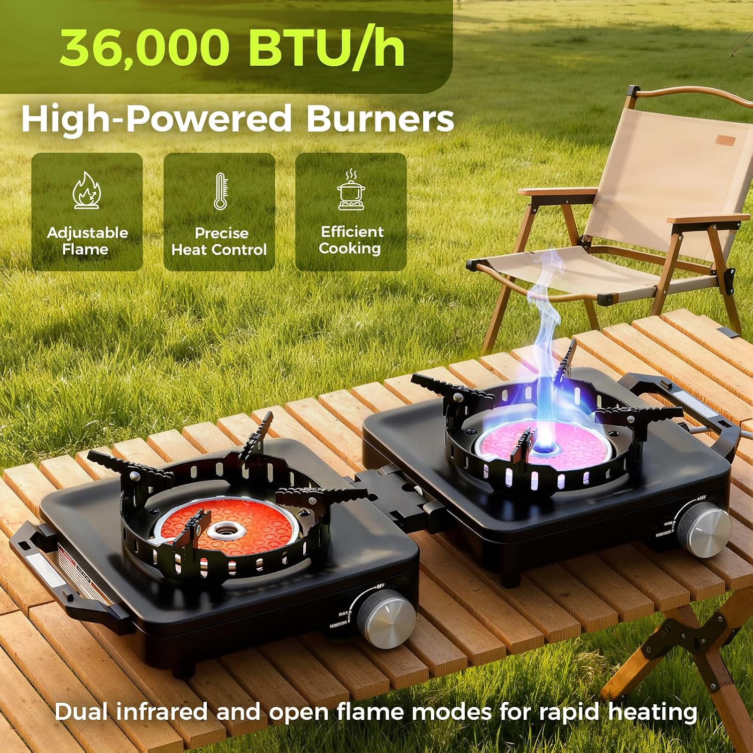 Propane Camping Stove 2 Burner, 36,000 BTU Infrared & Open Flame Hybrid, Windproof Folding Portable Outdoor Gas