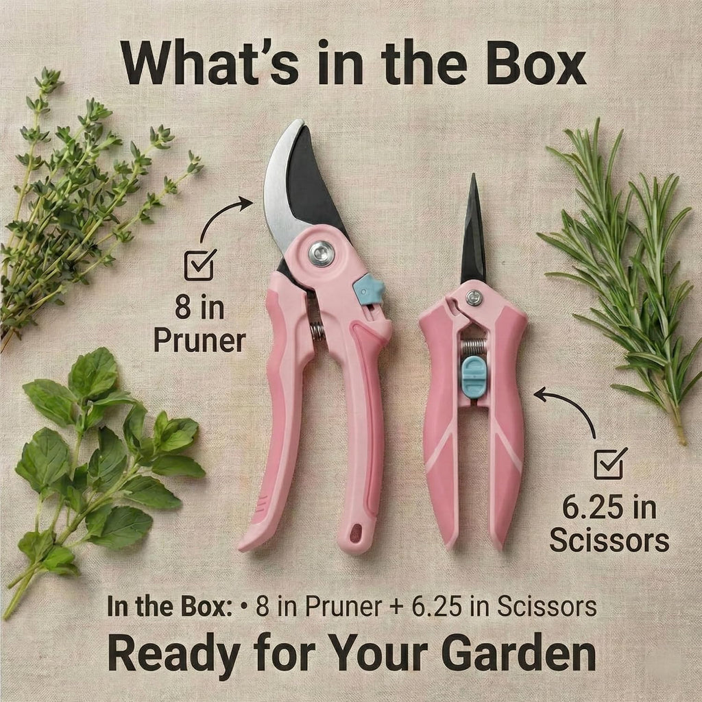 Pruning Shears 2-Pack — 8" Bypass Hand Pruner & 6.25" Precision Snips, SK5 Steel Blades with Non-Stick Coating