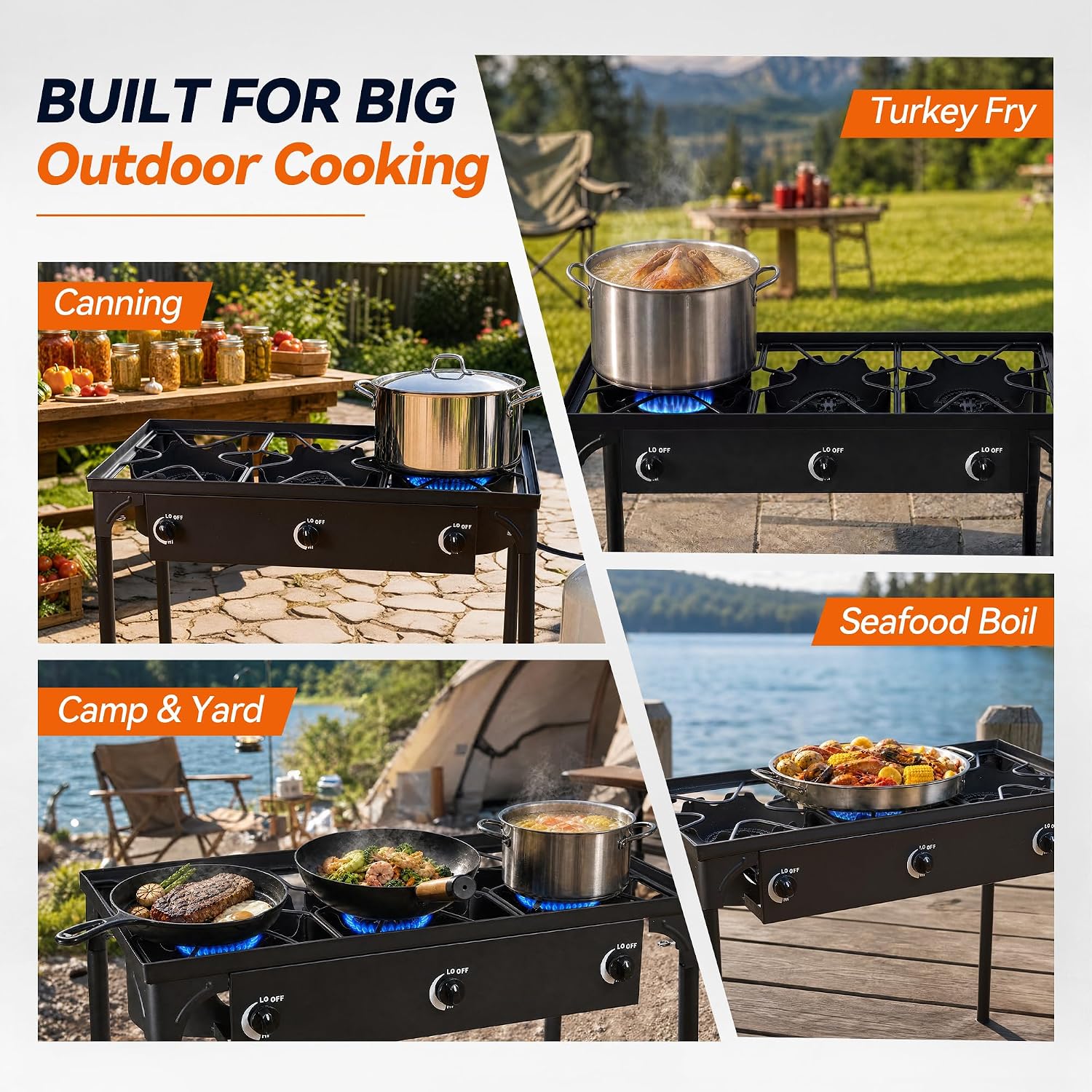 3 Burner Propane Stove, 225,000 BTU Outdoor Cooker | 75,000 BTU per burner, CSA regulator and hose included, manual