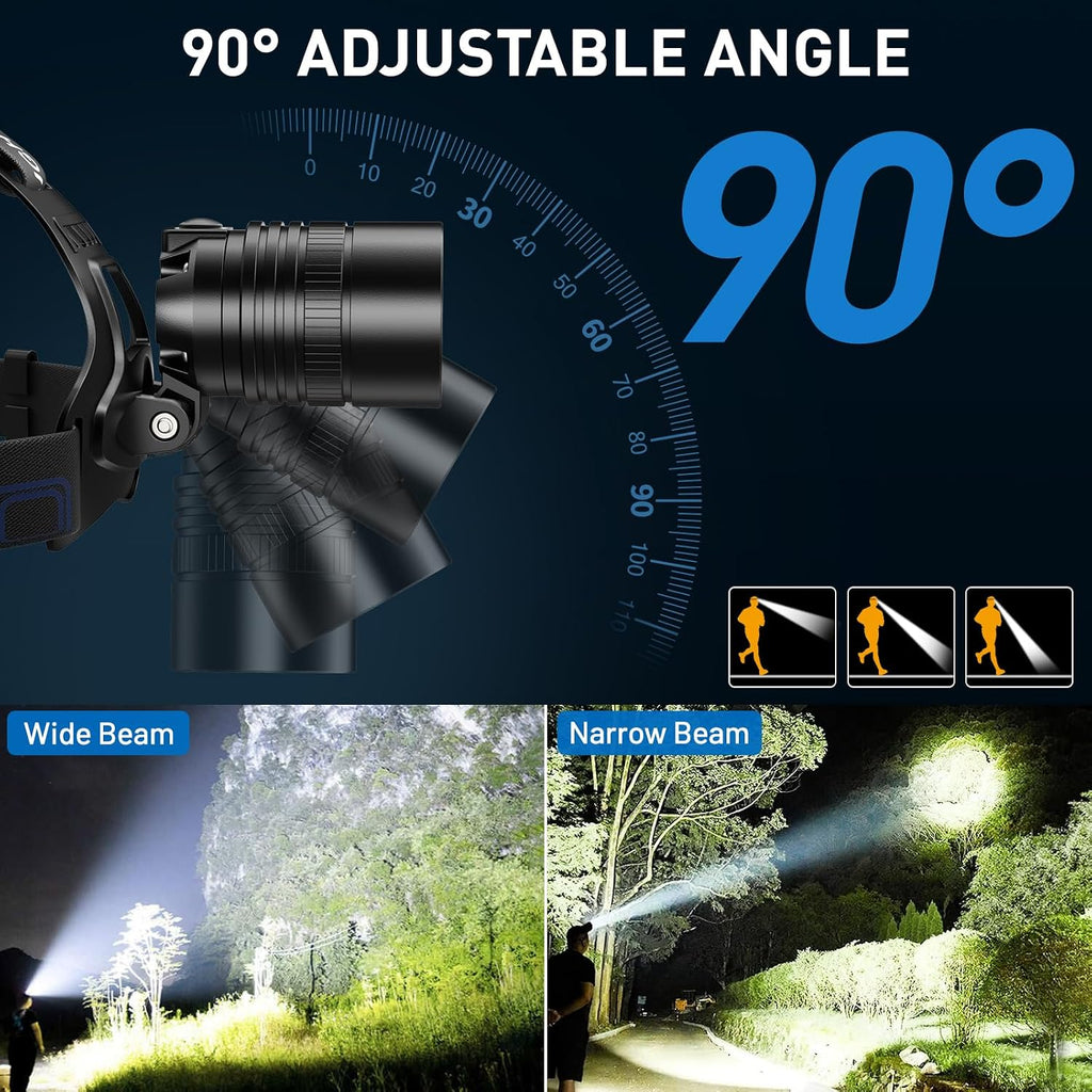 Rechargeable Led Headlamp 2Pack, 99000 Lumen Super Bright Head Lamp with 3 Modes & 90° Adjustable, Brightest Headlamp
