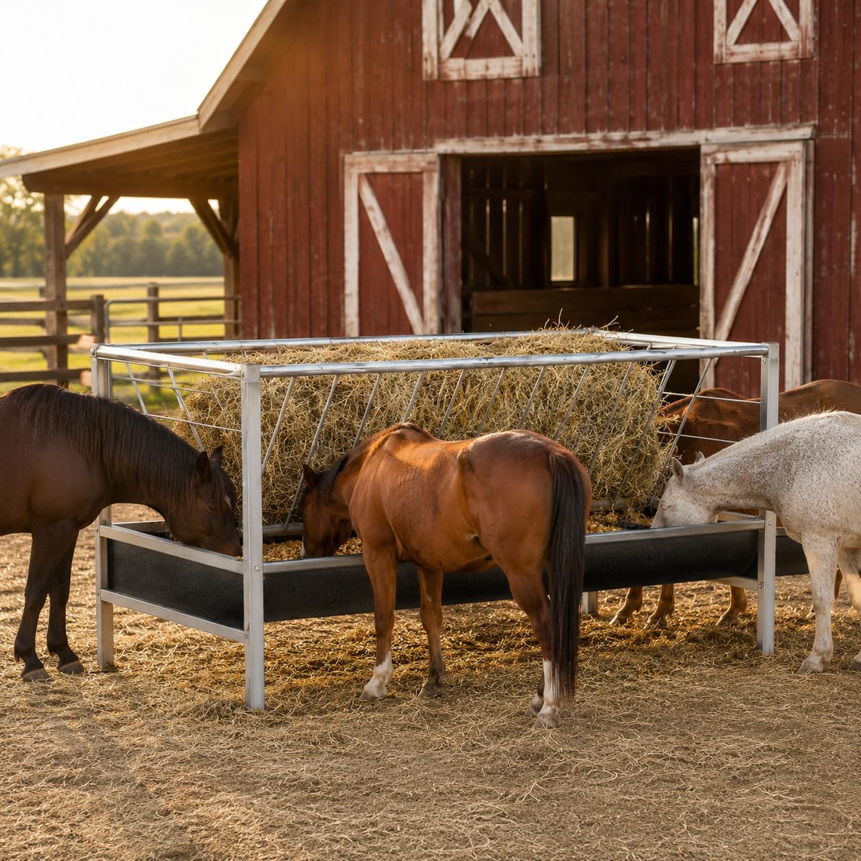 98 Gallon Hay Feeder, Anti-Waste Goat Feeder with Rubber Trough for Farms | Stainless steel feeder uses a hay rack