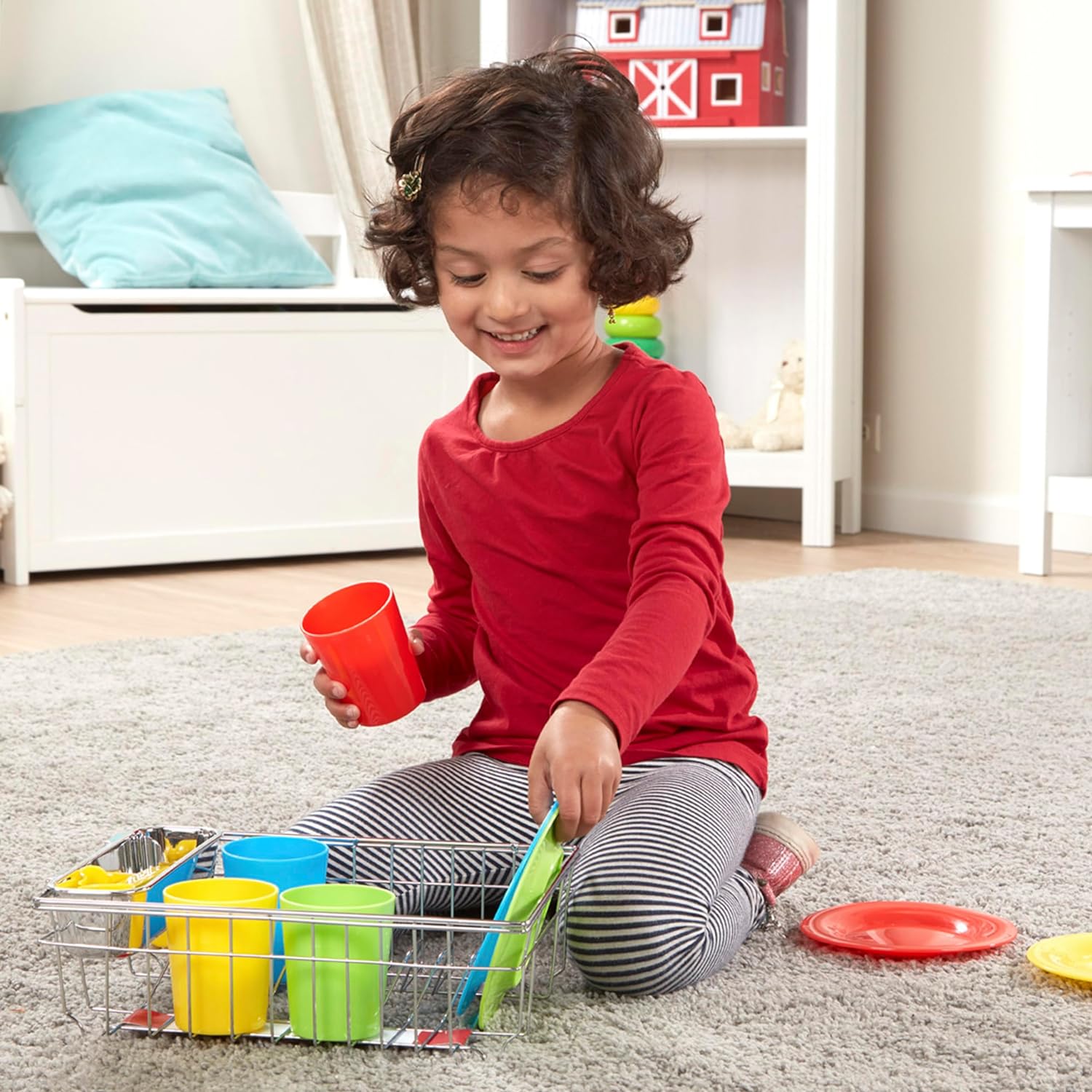 Melissa & Doug Wash and Dry Dish Set - 24 Pieces Kids Play Dishes, Play Kitchen Accessories, Toy Dishes for Kids