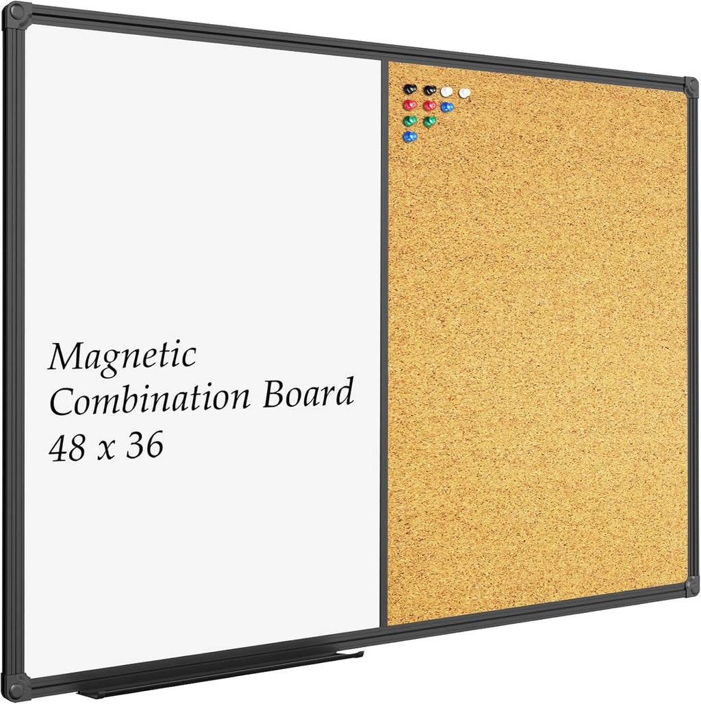 White Board & Bulletin Corkboard Combination, Combo Board 48 x 36 Magnetic Whiteboard, Black Aluminum Frame Wall