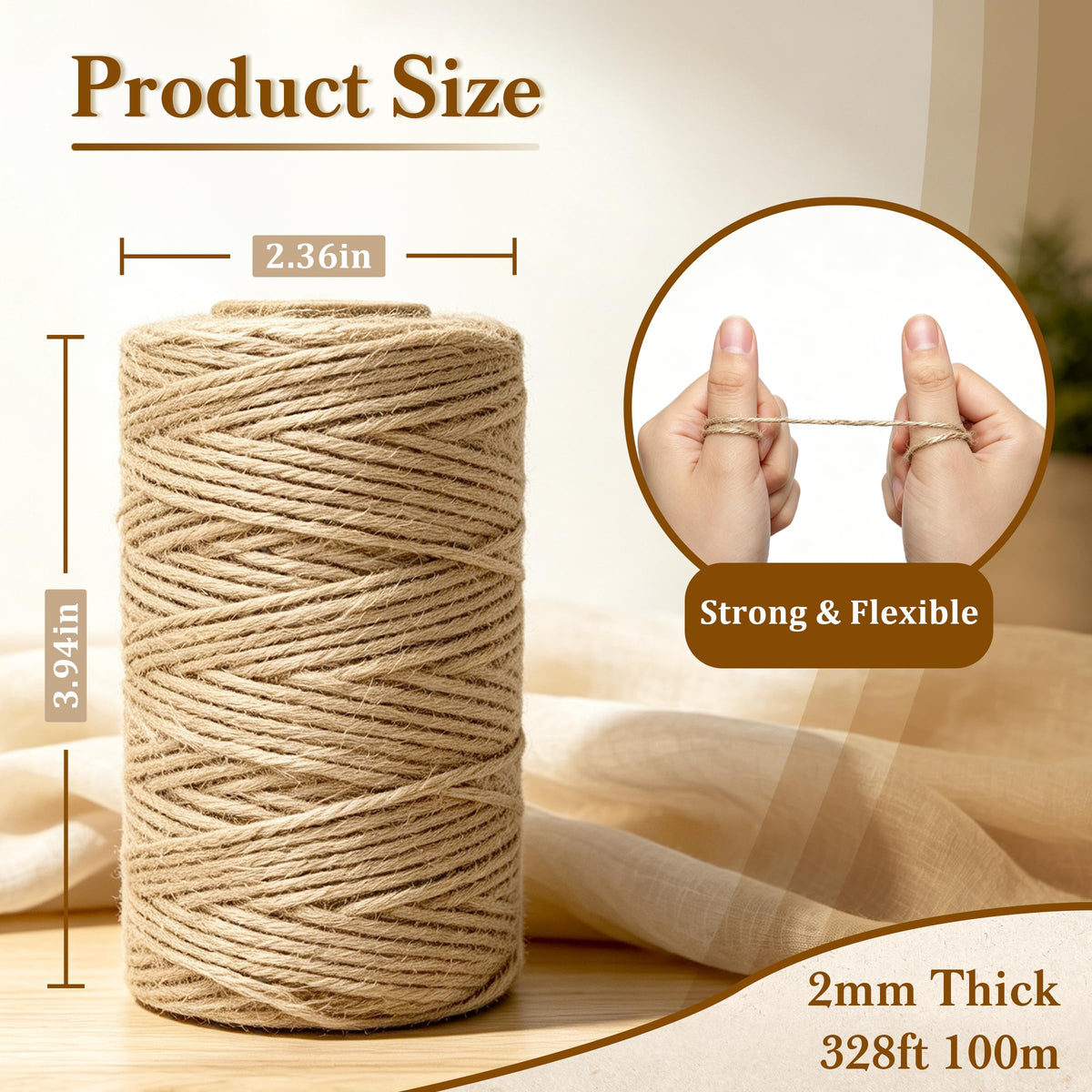 2mm Natural Jute Twine 328ft, Strong String for Crafts, Gift Wrapping & Wedding Decor, Durable Garden Twine for