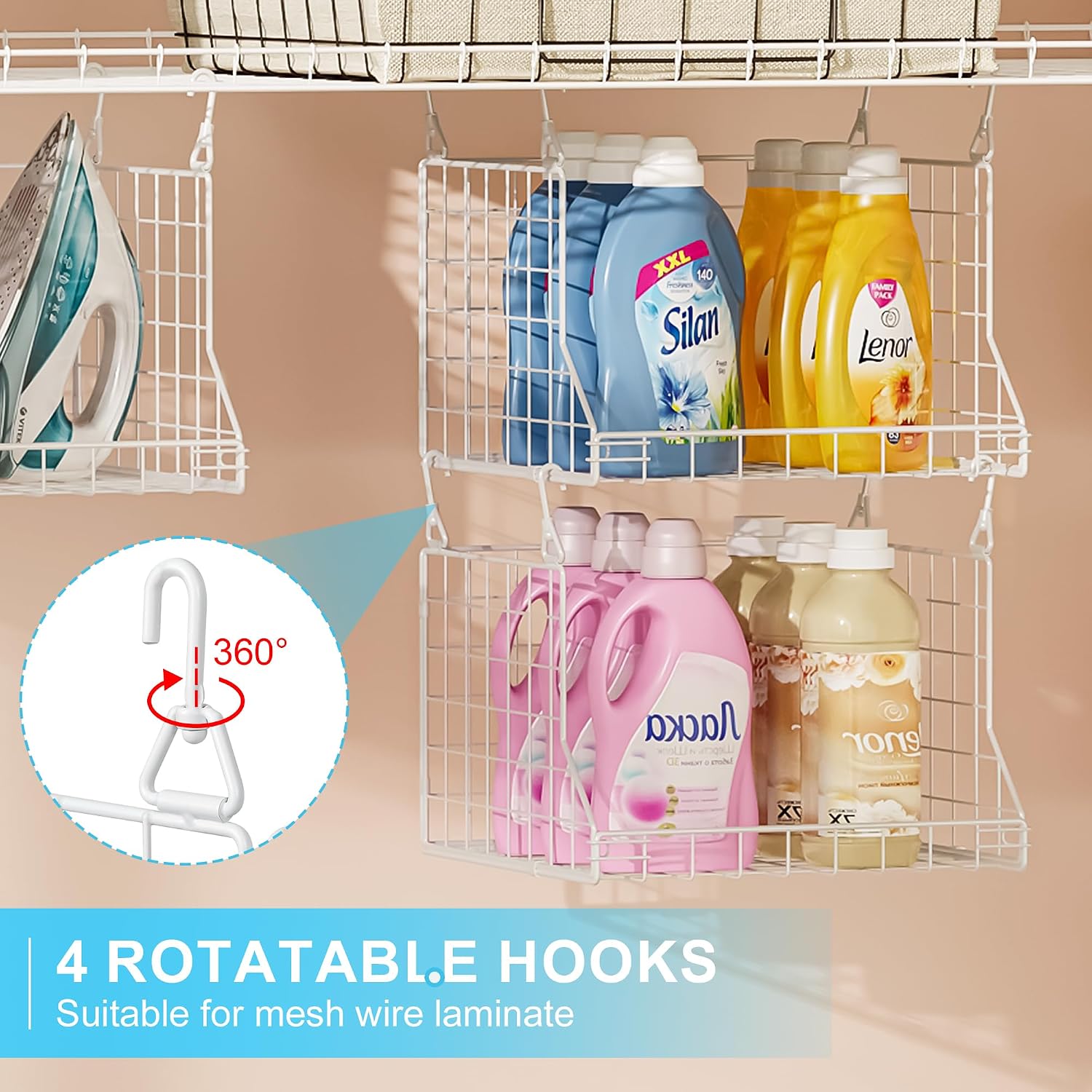 3-Tier Foldable Laundry Basket Organizer with Rotating Hooks(no wire shelf) | Space-Saving Over Washer and Dryer