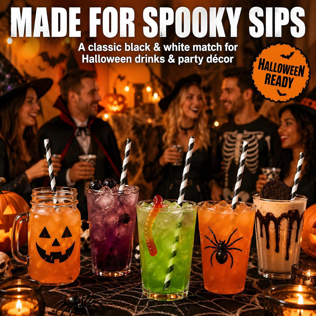 100 Black Striped Paper Straws, 7.75 in Black and White Straws