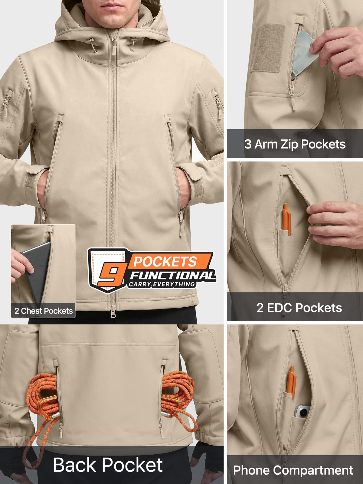 Men's Hooded Waterproof Rain Fleece Lined Softshell Jacket(Khaki,3XL)