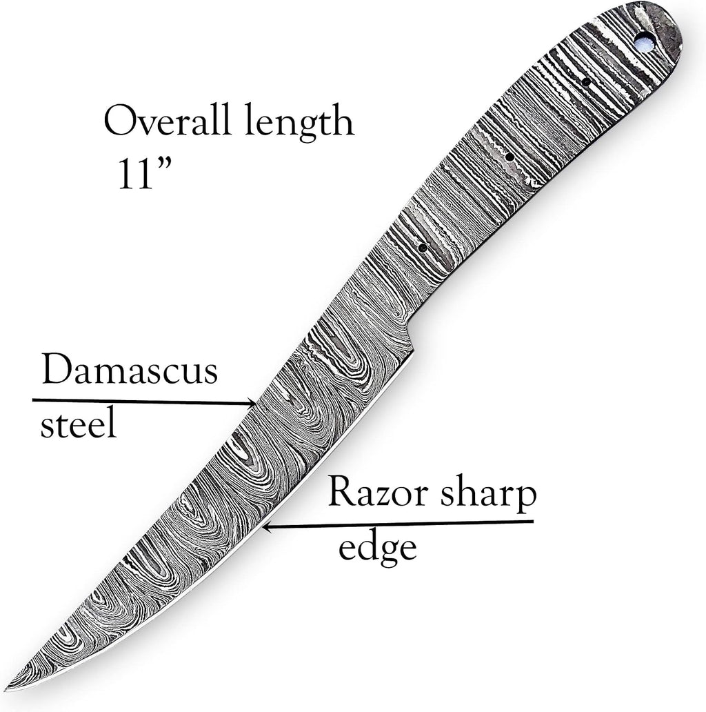 Damascus Steel Fillet Knife Making Kit – DIY Handmade Blank Blade with Rosewood Handle Scales, Brass Pins & Leather