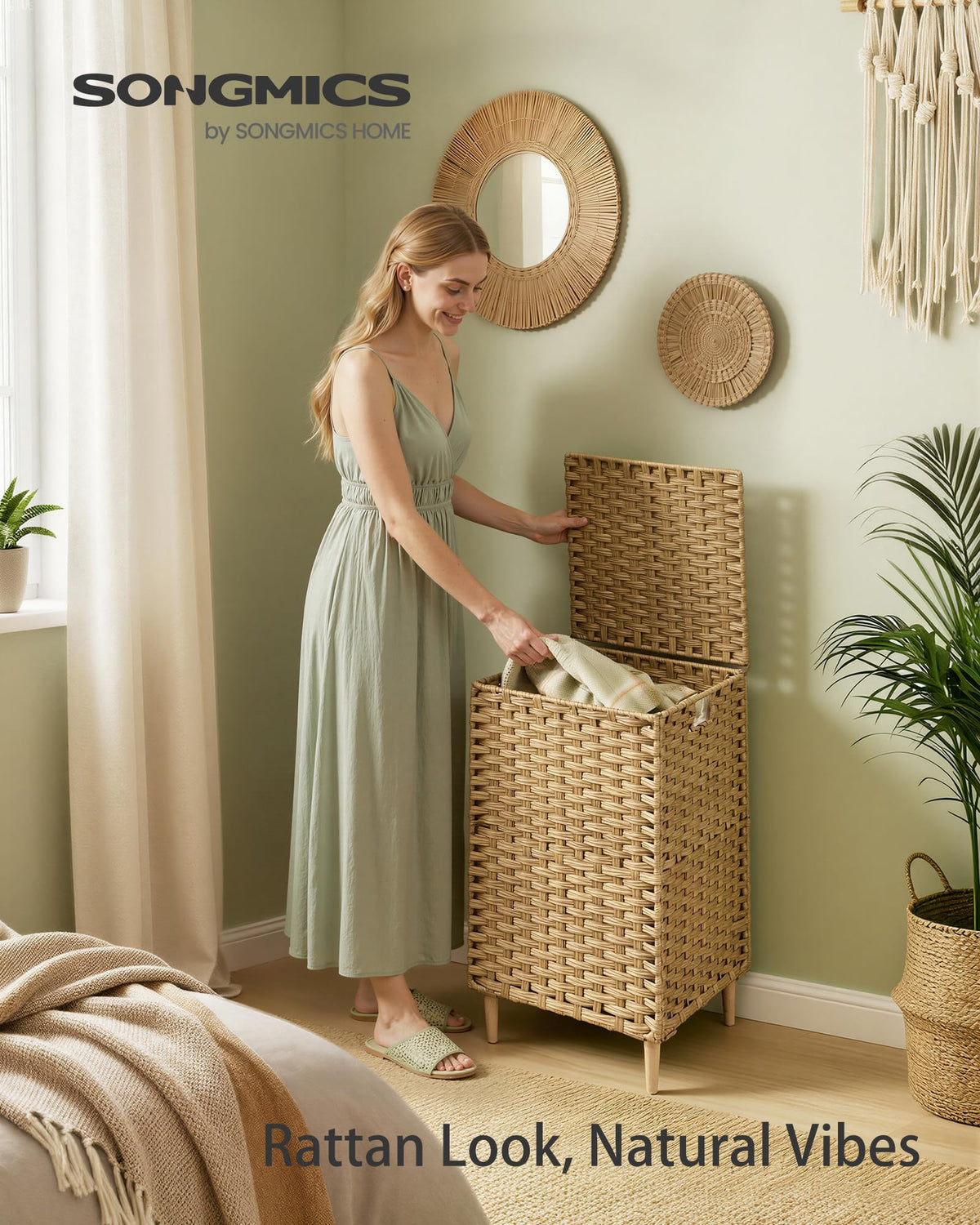 Laundry Hamper with Lid, PE Rattan, 25 Gallons (95 L)