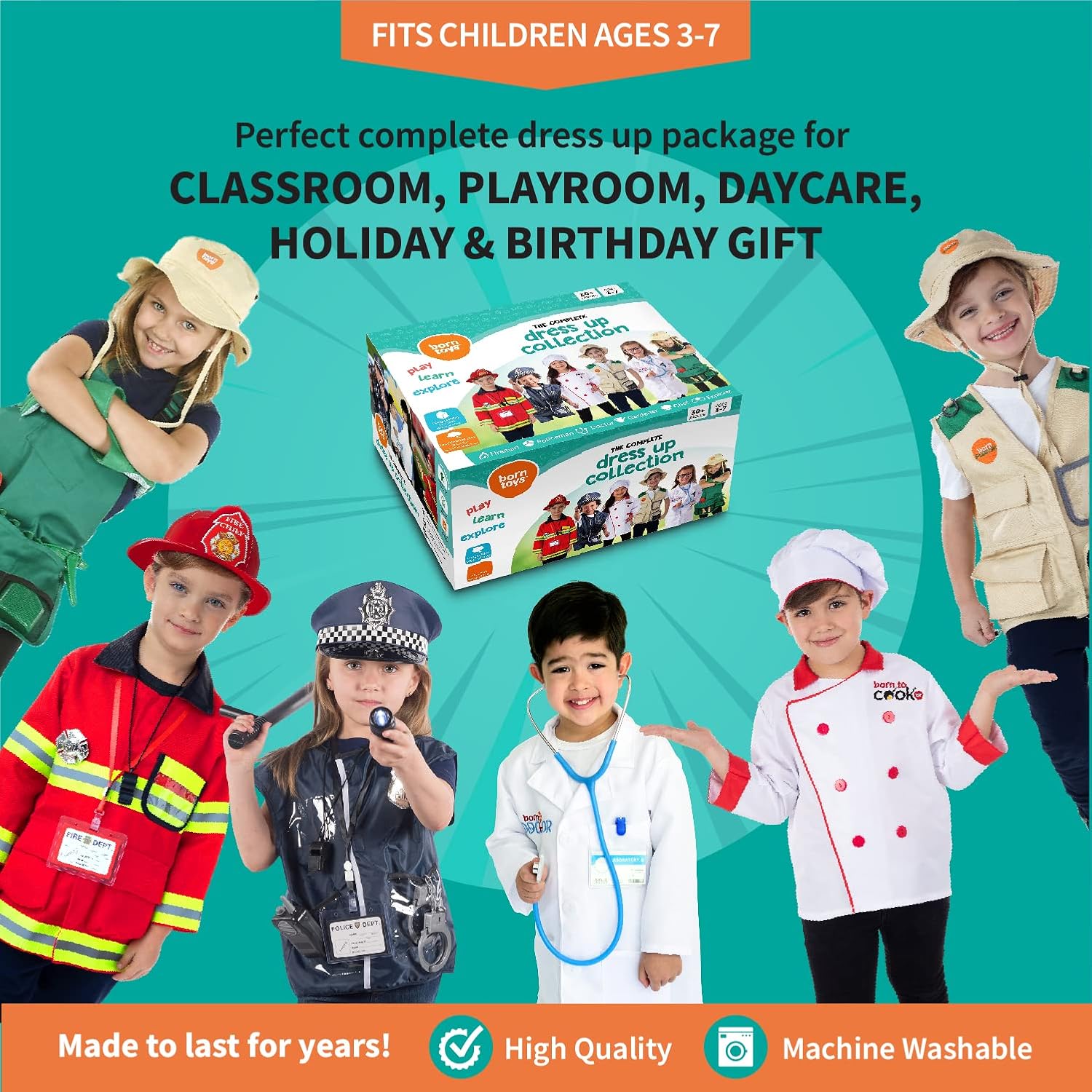6-in-1 Toddler Dress Up Clothes for Boys & Girls Ages 3-7, Police, Firefighter, Doctor, Chef, Gardener & Explorer