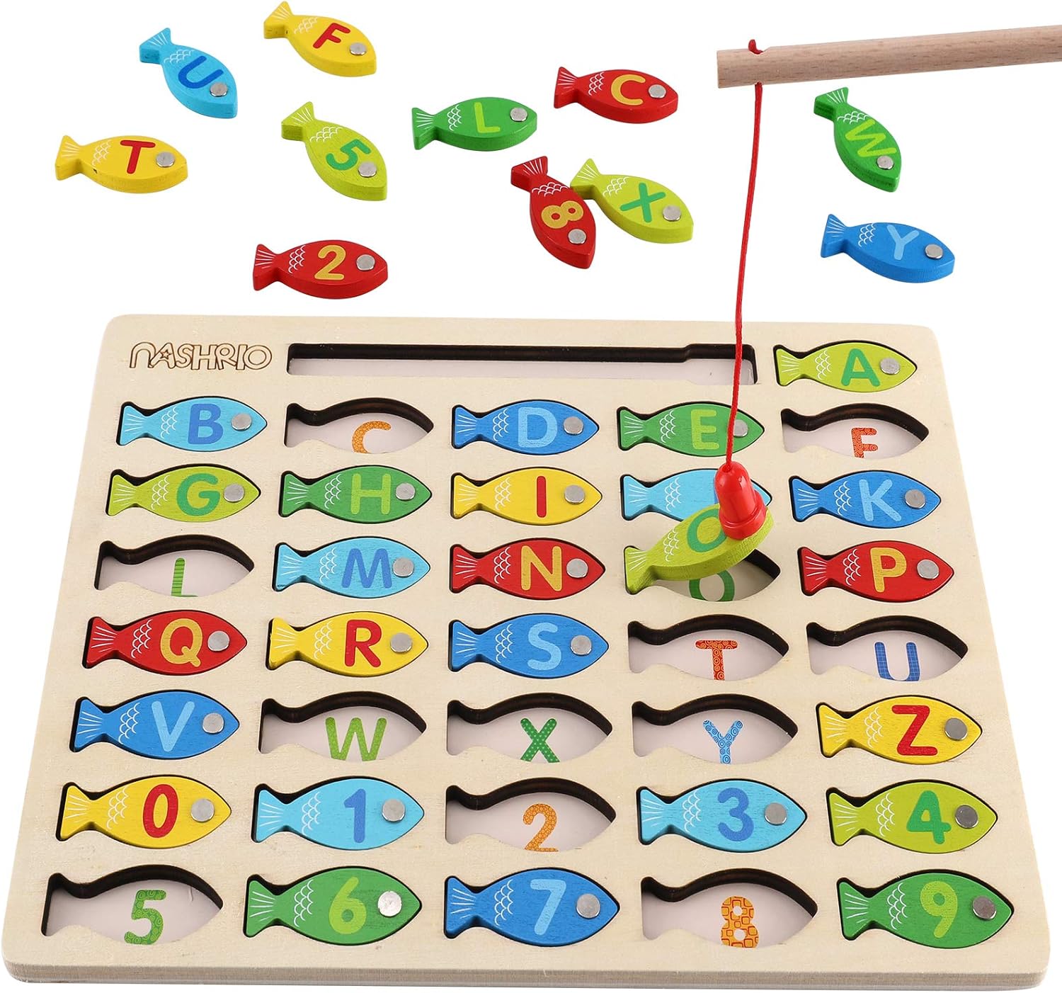 Magnetic Wooden Fishing Game Toy for Preschoolers, Alphabet Fish Catching Counting Games Puzzle with Numbers and