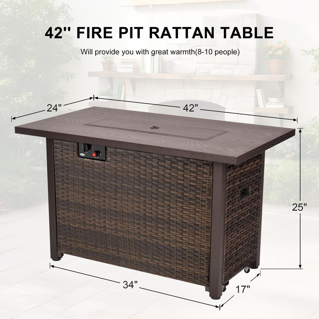42-Inch Fire Pit Table, Rectangular Propane Fire Pit Table with Blue Stones, 50000 BTU Output