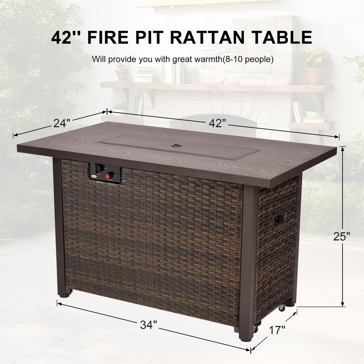 42-Inch Fire Pit Table, Rectangular Propane Fire Pit Table with Blue Stones, 50000 BTU Output