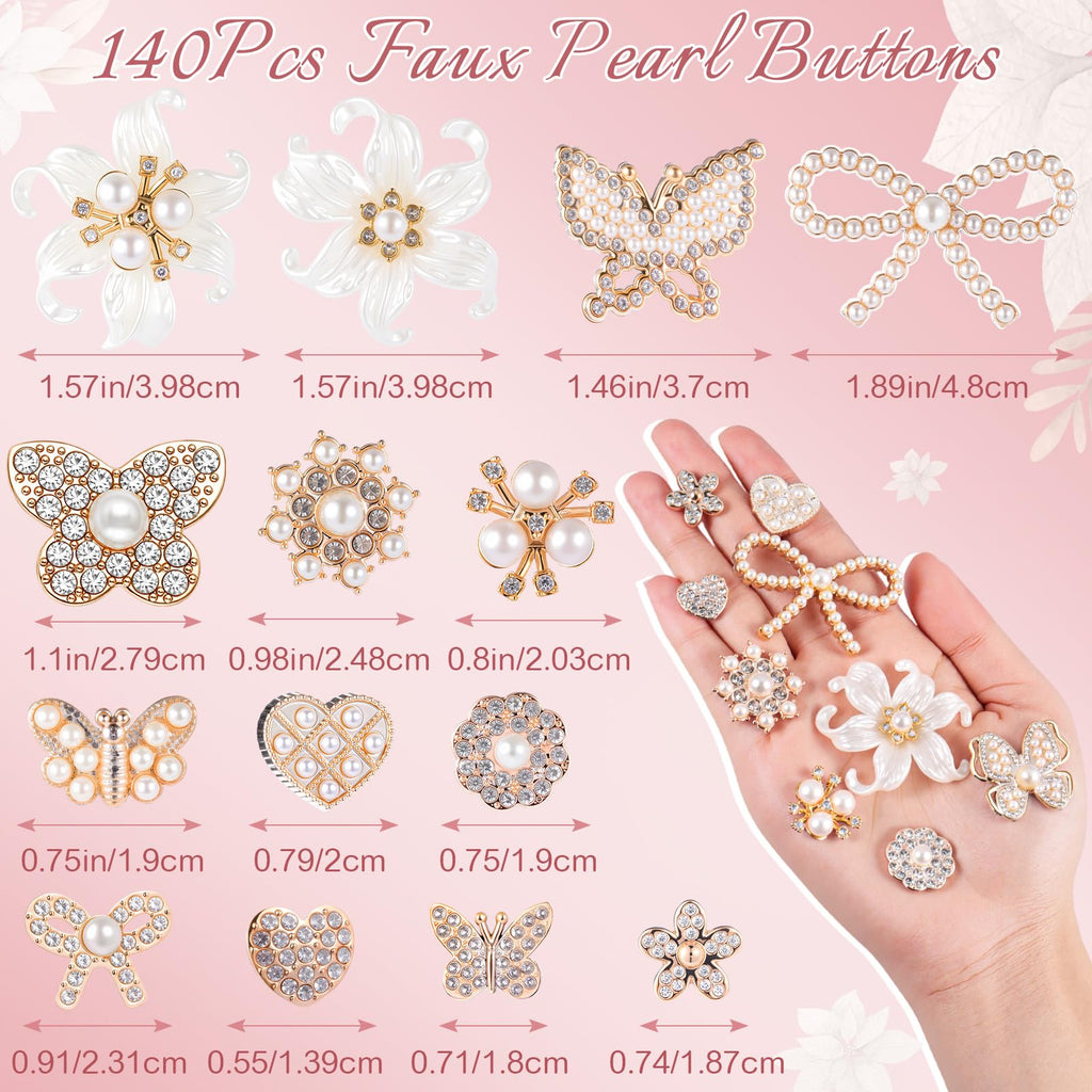 140 Pcs Rhinestone Buttons Flower Embellishments, Butterfly, White