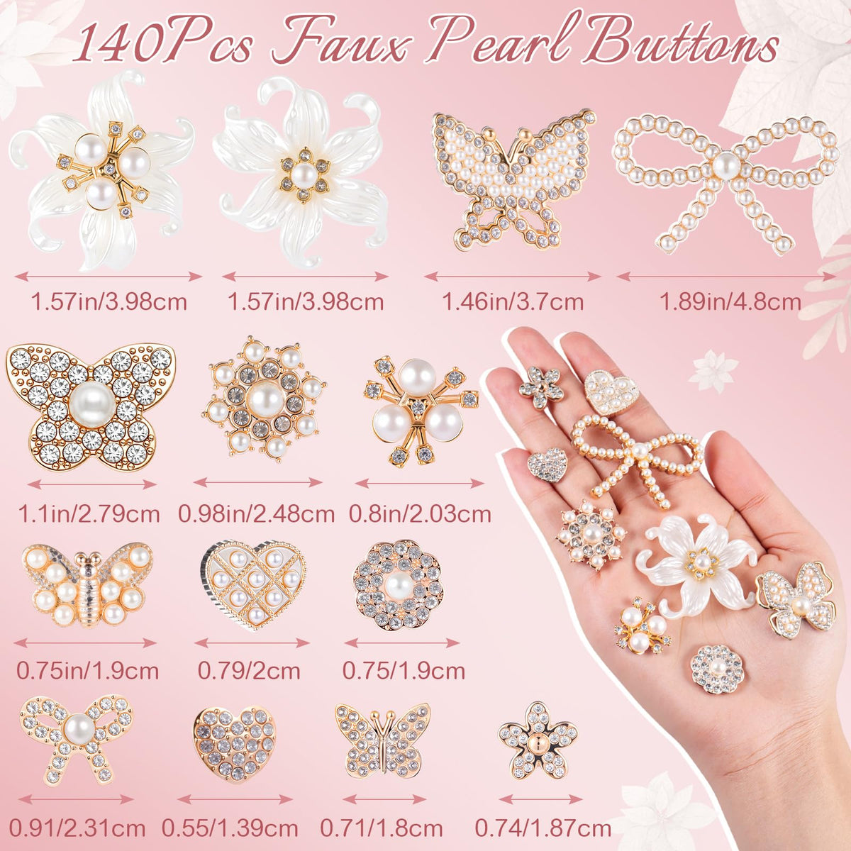 140 Pcs Rhinestone Buttons Flower Embellishments, Butterfly, White