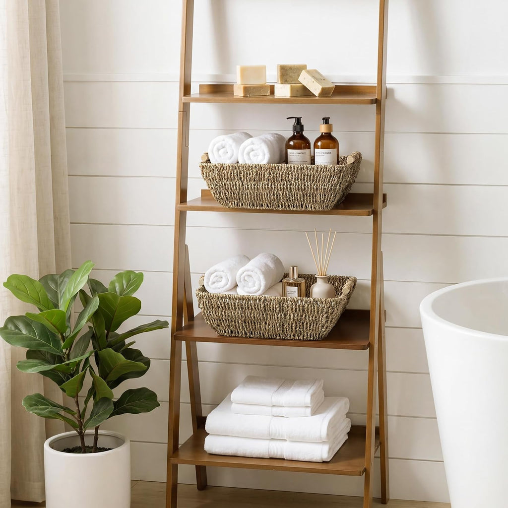 Hand-Woven Large Storage Baskets with Wooden Handles, Seagrass Wicker Baskets for Organizing, 2-Pack