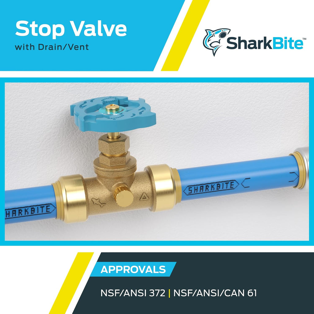 SharkBite 1/2 Inch Stop Valve with Drain and Vent, Push to Connect Brass Plumbing Fitting, PEX Pipe, Copper, CPVC, PE-RT, HDPE, 24634LF