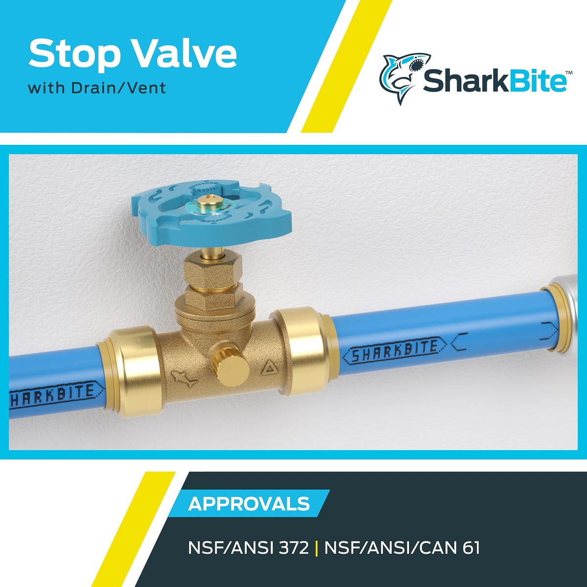 SharkBite 1/2 Inch Stop Valve with Drain and Vent, Push to Connect Brass Plumbing Fitting, PEX Pipe, Copper, CPVC, PE-RT, HDPE, 24634LF