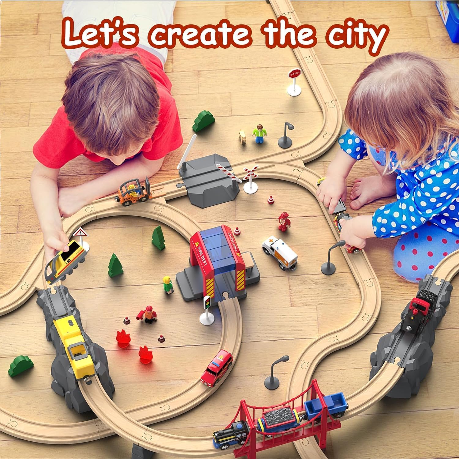 72PCS Fire Station Wooden Train Track Electric Train Set, Gift Packed Toy Railway Kits for Kids, Toddler Boys and