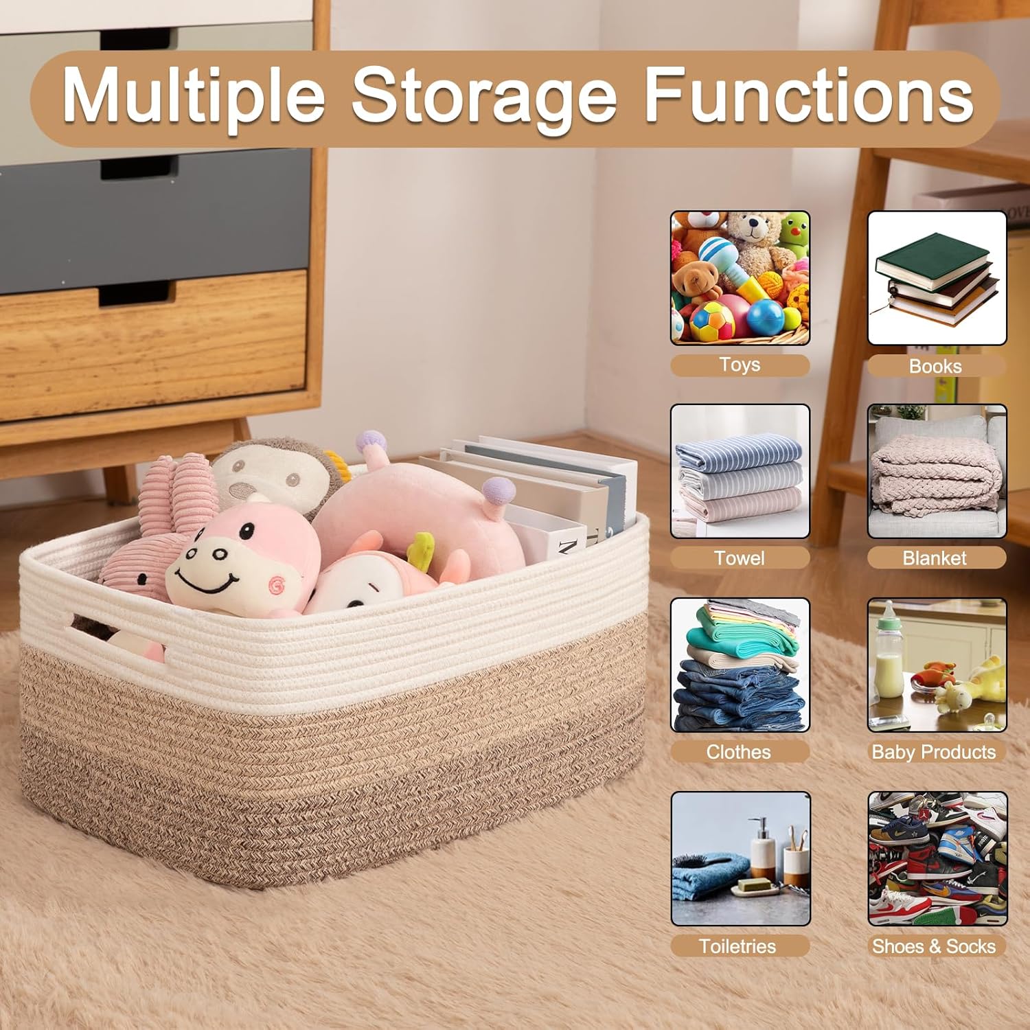 Large Storage Basket for Organizing, Woven Rope Basket for Shelves, Closet Organizer Bins for Clothes, Blanket, Toys