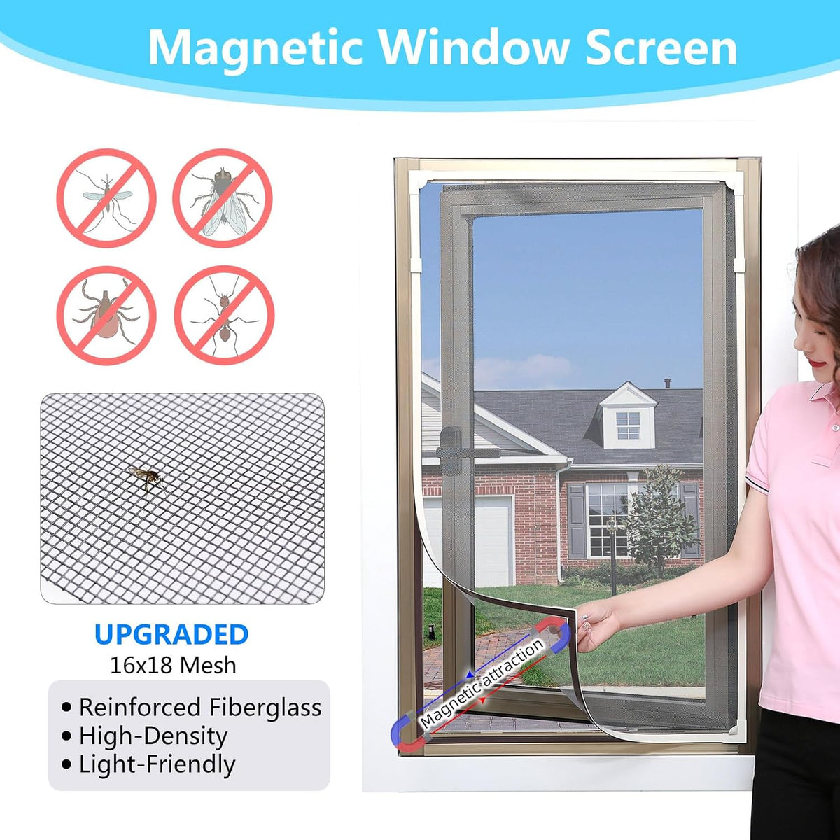 Magnetic Window Screen DIY Adjustable Window Mesh Screen Replacement Window Net Fits up to 57"x 35" White Frames with