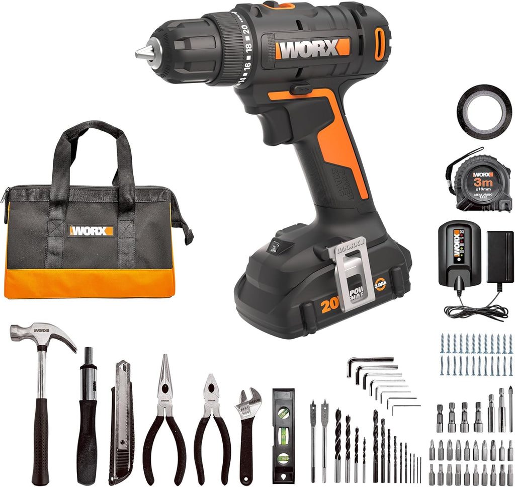 20V Cordless Drill Driver, 84pc Accessory Kit, Variable 2-Speed, 265 In-Lbs Torque, 20+1 Clutch, Lightweight
