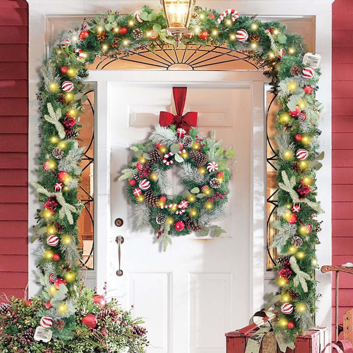 Pre-Lit 6 Feet/ 72 Inch Christmas Garland with Lights for Front Door Red White Christmas Mantel Garland Decoration