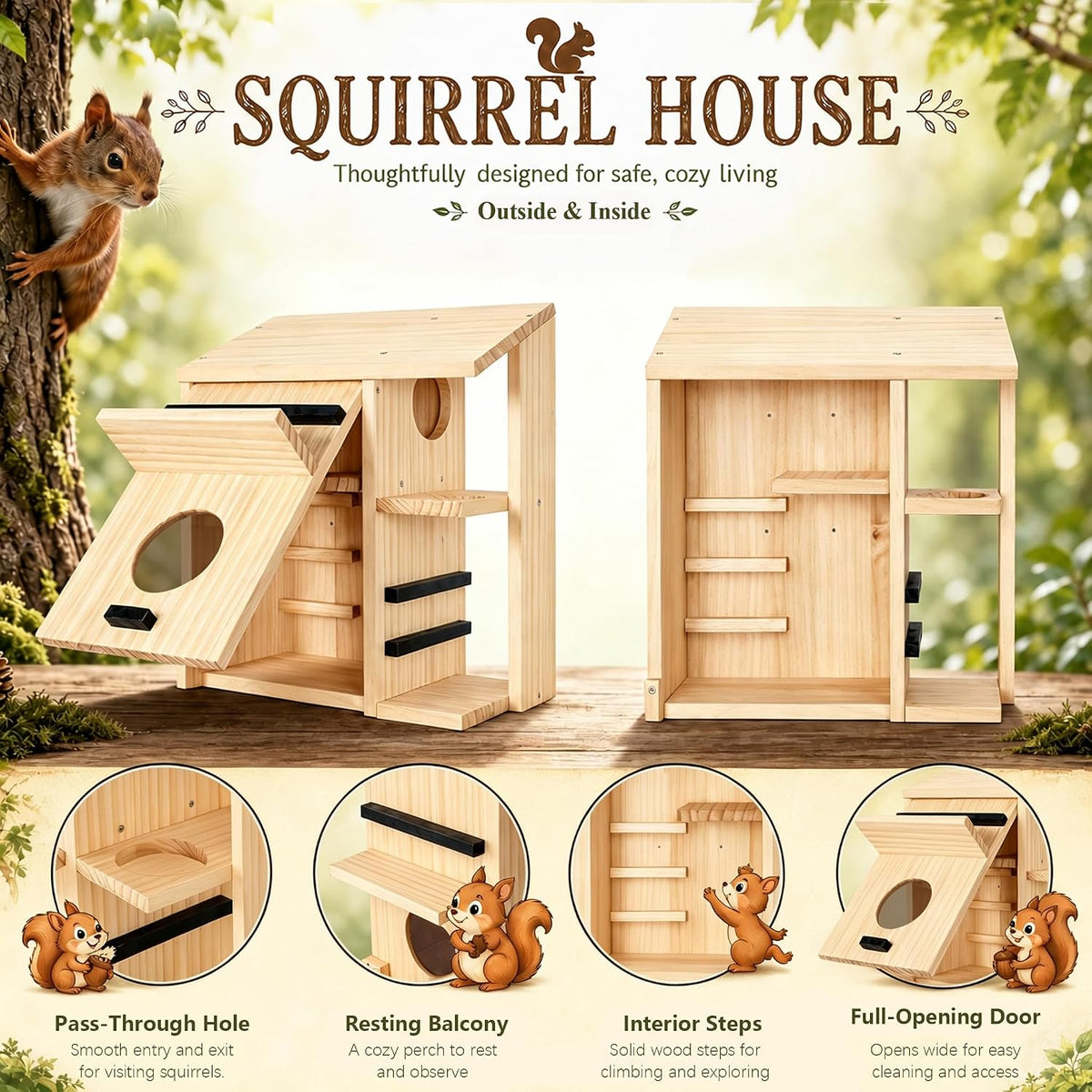 Large Wooden Squirrel House for Outside, Squirrel Nesting Box
