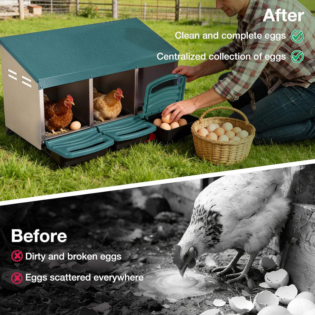 Chicken Nesting Boxes, 3 Compartments Egg Collection with Removable Drawer, Chicken Metal Laying Nest Box for Hens